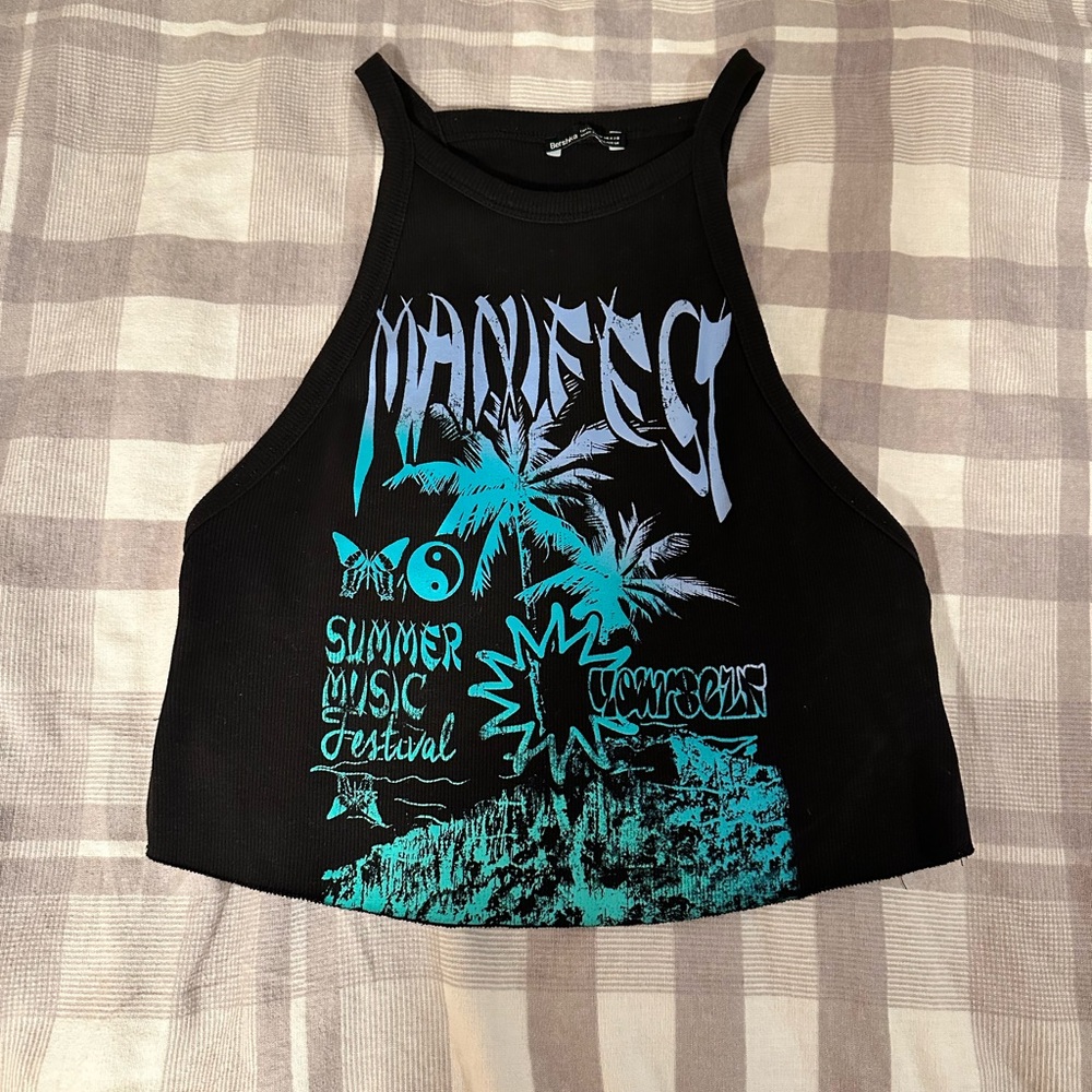 Bershka Black Tank Top with Blue Graphic
